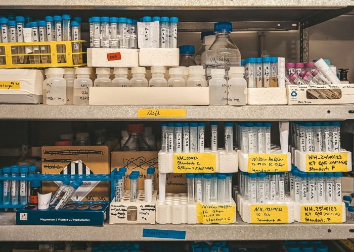 A well-organized laboratory shelf filled with labeled chemical vials and test tubes.